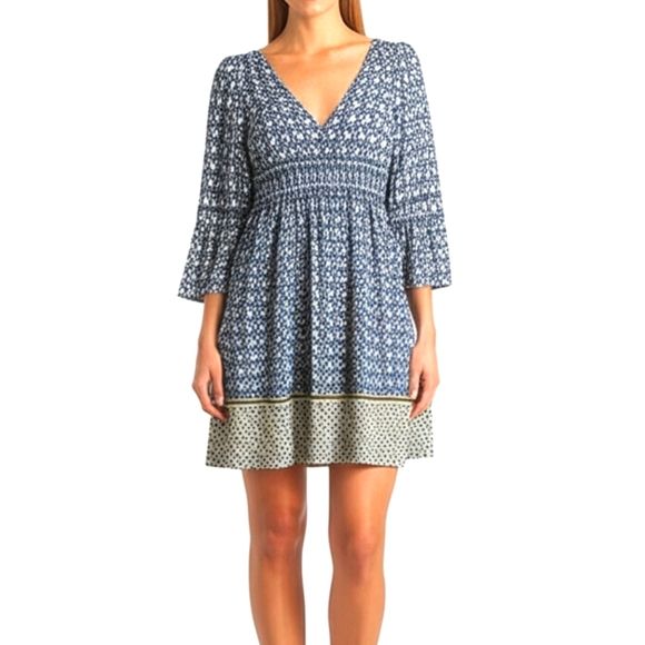 Max Edition Blue & Green Mod Retro Floral Bell Sleeve Dress Women's M - Picture 1 of 8